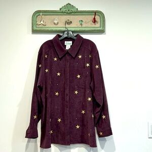 Vintage Quacker factory long sleeve button down faux suede embroidered star top